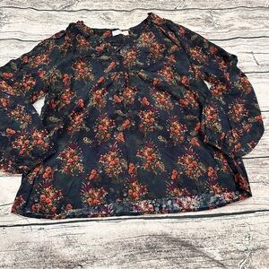 NATURAL LIFE Dark Floral Peasant  Blouse - Black and Red Size Medium
